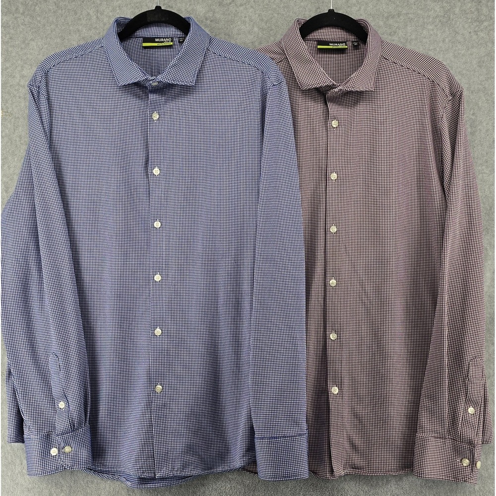 2 Murano Performance‎ Men's XL Slim Fit Shirts Blue Maroon Stretch Button Spread